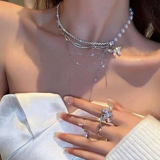 Women's Stylish Butterfly Rhinestone Pearl Necklace