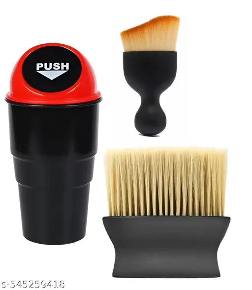 ( pack of 3 ) Plastic Swing-Lid Car Mini Trash Bin Rubbish Can Garbage Dust Dustbin Cup Useful for All Cars (Multicolour) &  Car Cleaning Brush Exterior and Interior Ac Vent Cleaner Brush for Car, Motorbike, SUVs Car Cleaning Kit